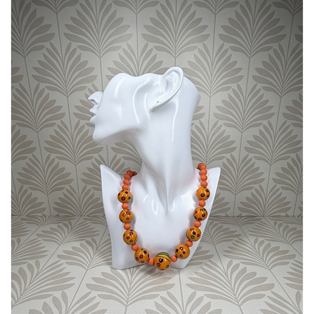 Vintage Orange Hand Painted Wooden Bead Chunky Statement Necklace Polka Dot 23in